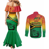Hapi 45th Indipendens Dei Vanuatu Couples Matching Mermaid Dress and Long Sleeve Button Shirt Yumi 1980 with Vanuatuan Beach Landscape LT9 - Polynesian Pride