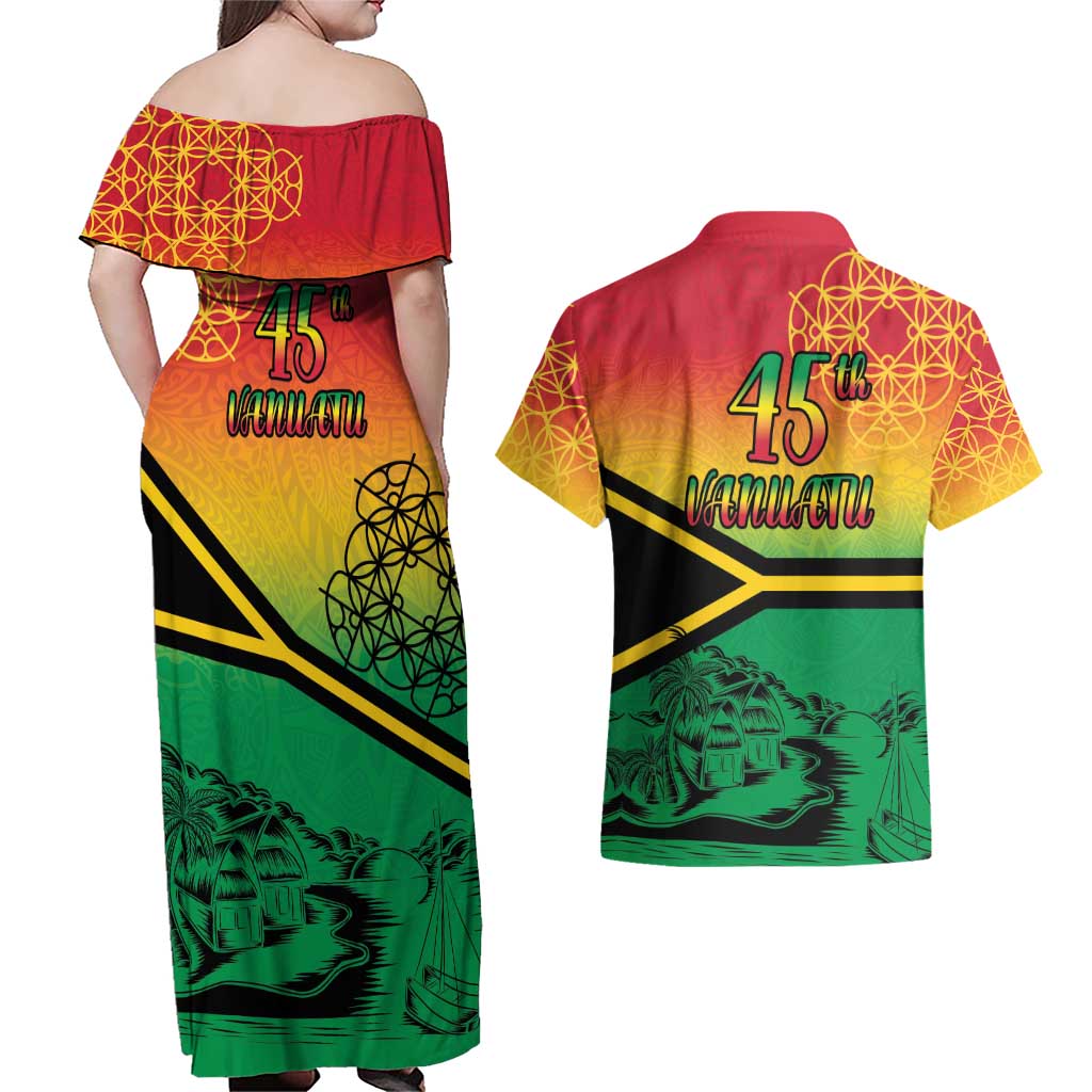 Hapi 45th Indipendens Dei Vanuatu Couples Matching Off Shoulder Maxi Dress and Hawaiian Shirt Yumi 1980 with Vanuatuan Beach Landscape LT9 - Polynesian Pride