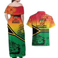 Hapi 45th Indipendens Dei Vanuatu Couples Matching Off Shoulder Maxi Dress and Hawaiian Shirt Yumi 1980 with Vanuatuan Beach Landscape LT9 - Polynesian Pride