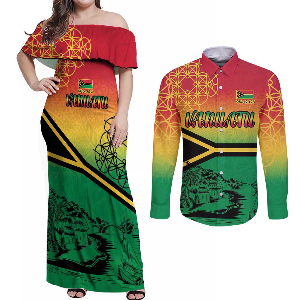 Hapi 45th Indipendens Dei Vanuatu Couples Matching Off Shoulder Maxi Dress and Long Sleeve Button Shirt Yumi 1980 with Vanuatuan Beach Landscape LT9 Red - Polynesian Pride