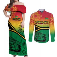 Hapi 45th Indipendens Dei Vanuatu Couples Matching Off Shoulder Maxi Dress and Long Sleeve Button Shirt Yumi 1980 with Vanuatuan Beach Landscape LT9 Red - Polynesian Pride