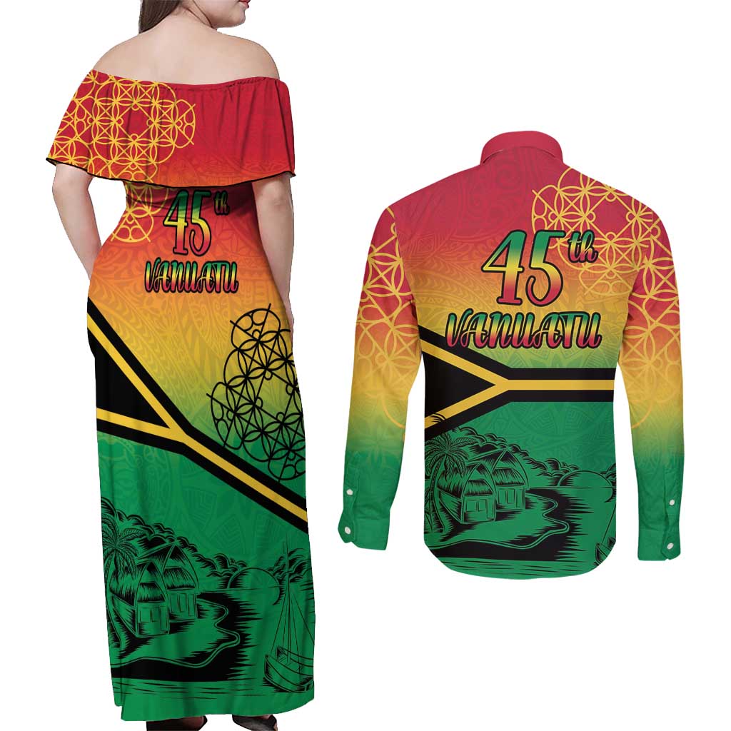 Hapi 45th Indipendens Dei Vanuatu Couples Matching Off Shoulder Maxi Dress and Long Sleeve Button Shirt Yumi 1980 with Vanuatuan Beach Landscape LT9 - Polynesian Pride