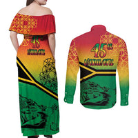 Hapi 45th Indipendens Dei Vanuatu Couples Matching Off Shoulder Maxi Dress and Long Sleeve Button Shirt Yumi 1980 with Vanuatuan Beach Landscape LT9 - Polynesian Pride