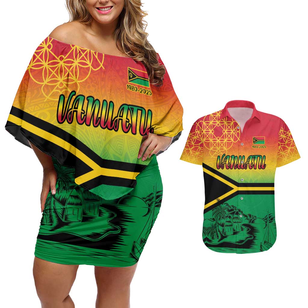Hapi 45th Indipendens Dei Vanuatu Couples Matching Off Shoulder Short Dress and Hawaiian Shirt Yumi 1980 with Vanuatuan Beach Landscape LT9 Red - Polynesian Pride