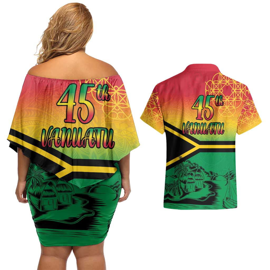 Hapi 45th Indipendens Dei Vanuatu Couples Matching Off Shoulder Short Dress and Hawaiian Shirt Yumi 1980 with Vanuatuan Beach Landscape LT9 - Polynesian Pride