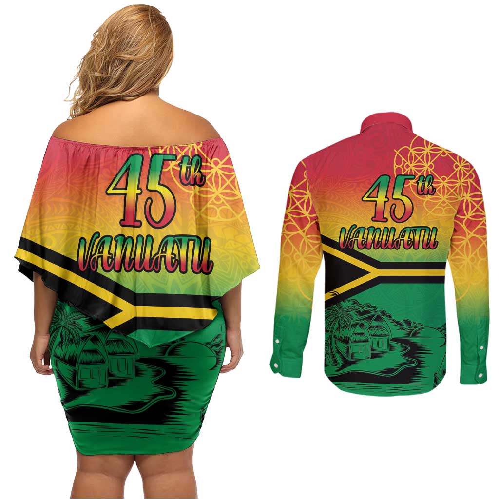 Hapi 45th Indipendens Dei Vanuatu Couples Matching Off Shoulder Short Dress and Long Sleeve Button Shirt Yumi 1980 with Vanuatuan Beach Landscape LT9 - Polynesian Pride