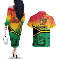 Hapi 45th Indipendens Dei Vanuatu Couples Matching Off The Shoulder Long Sleeve Dress and Hawaiian Shirt Yumi 1980 with Vanuatuan Beach Landscape LT9 - Polynesian Pride
