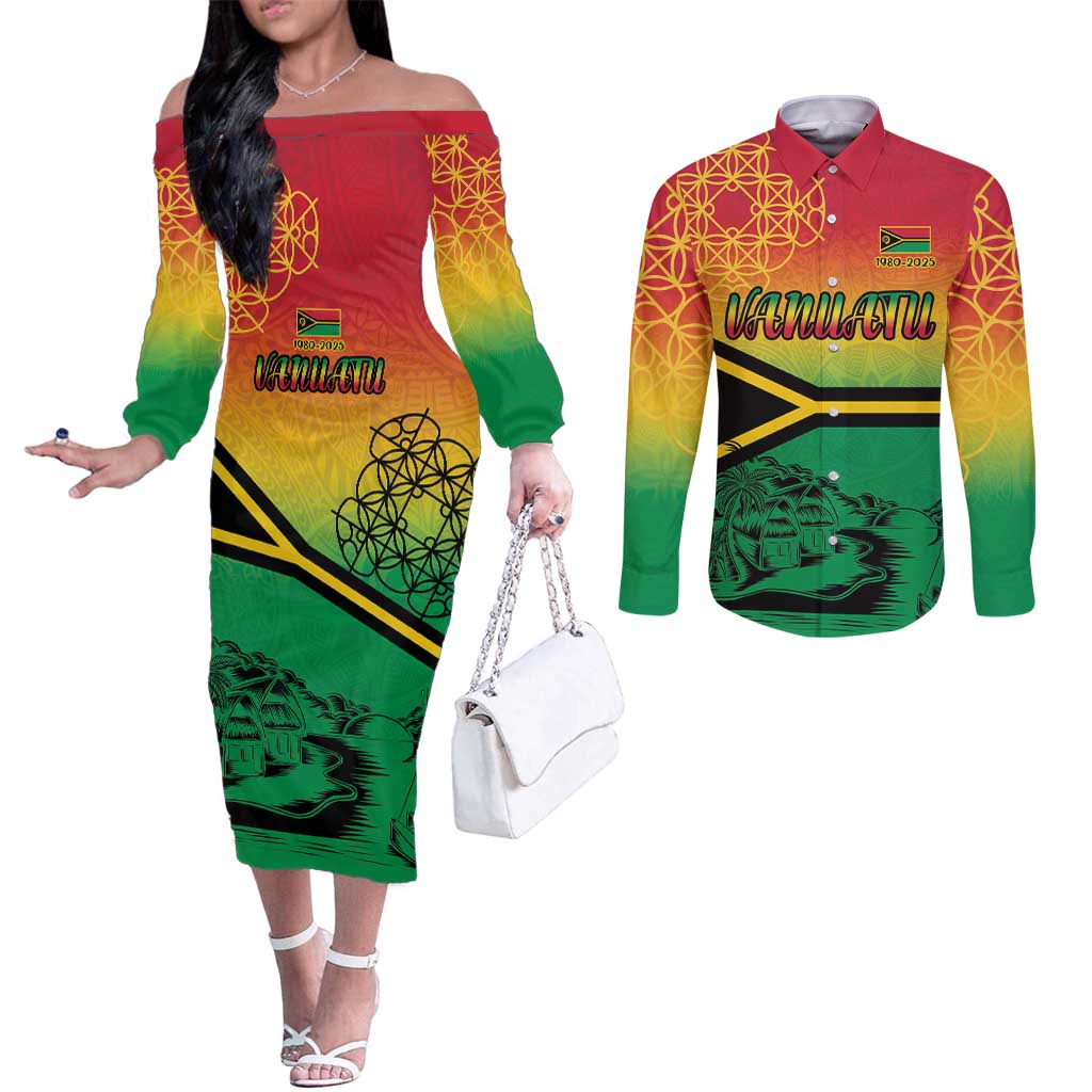 Hapi 45th Indipendens Dei Vanuatu Couples Matching Off The Shoulder Long Sleeve Dress and Long Sleeve Button Shirt Yumi 1980 with Vanuatuan Beach Landscape LT9 Red - Polynesian Pride