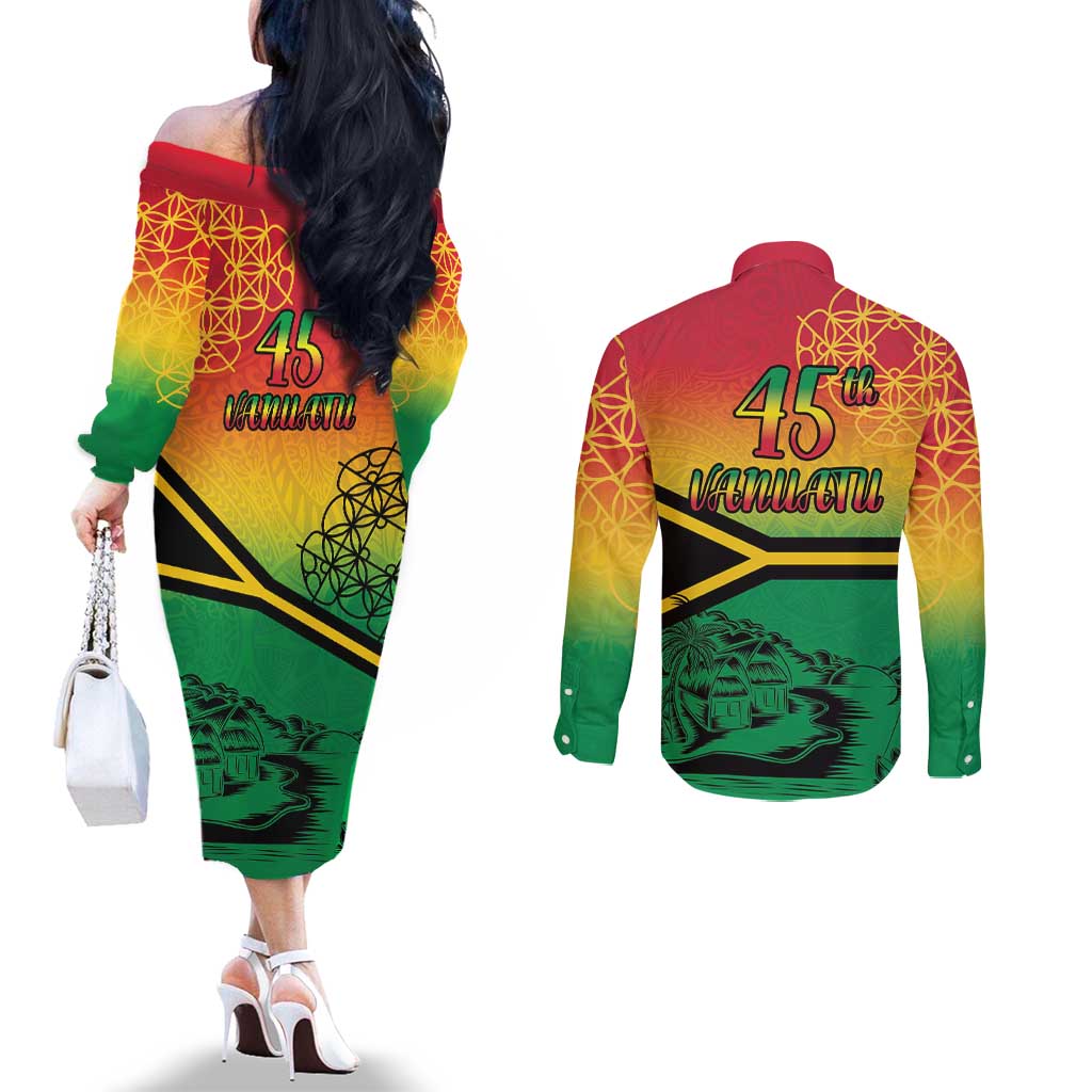 Hapi 45th Indipendens Dei Vanuatu Couples Matching Off The Shoulder Long Sleeve Dress and Long Sleeve Button Shirt Yumi 1980 with Vanuatuan Beach Landscape LT9 - Polynesian Pride