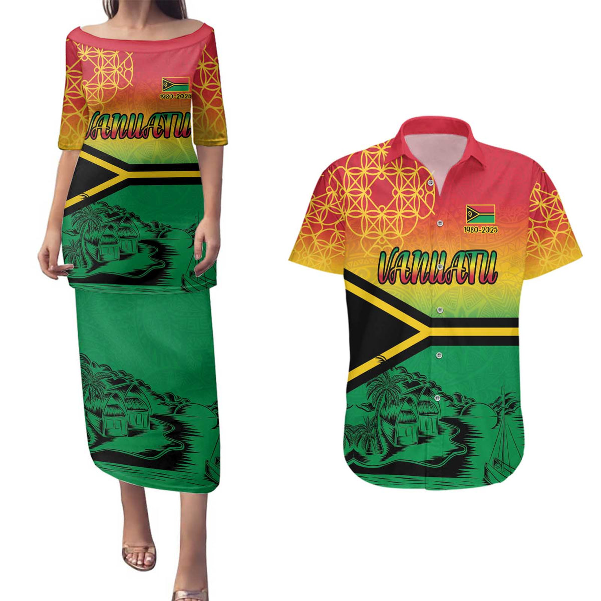 Hapi 45th Indipendens Dei Vanuatu Couples Matching Puletasi and Hawaiian Shirt Yumi 1980 with Vanuatuan Beach Landscape LT9 Red - Polynesian Pride