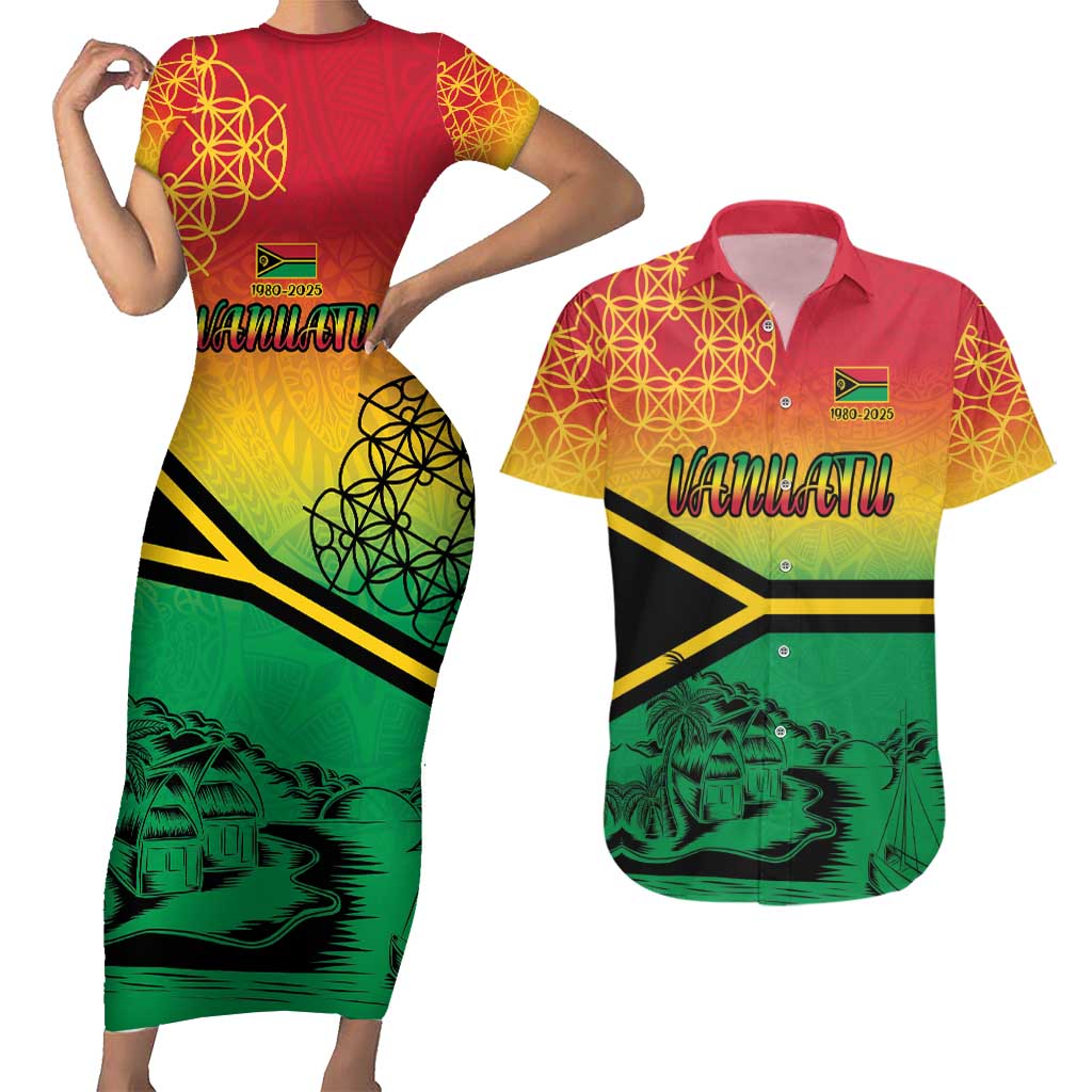Hapi 45th Indipendens Dei Vanuatu Couples Matching Short Sleeve Bodycon Dress and Hawaiian Shirt Yumi 1980 with Vanuatuan Beach Landscape LT9 Red - Polynesian Pride