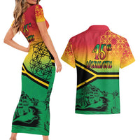 Hapi 45th Indipendens Dei Vanuatu Couples Matching Short Sleeve Bodycon Dress and Hawaiian Shirt Yumi 1980 with Vanuatuan Beach Landscape LT9 - Polynesian Pride