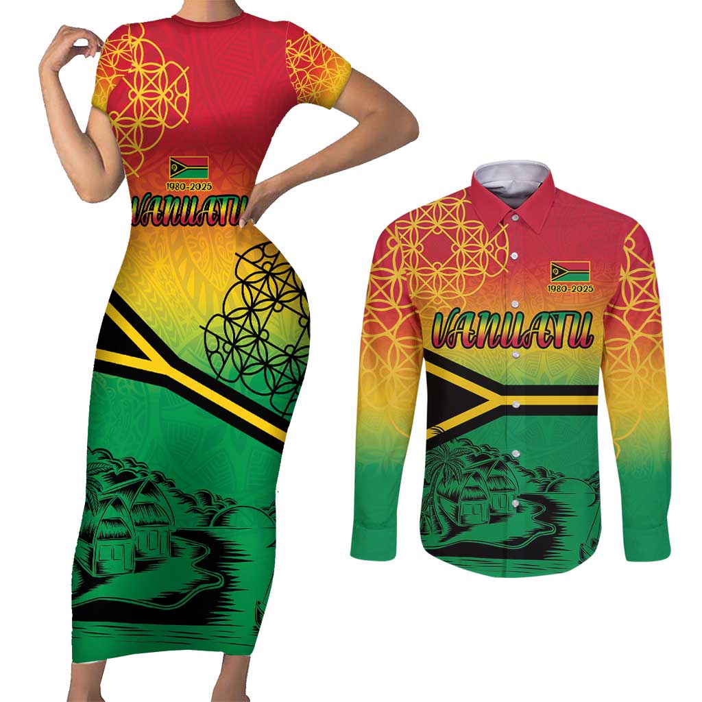 Hapi 45th Indipendens Dei Vanuatu Couples Matching Short Sleeve Bodycon Dress and Long Sleeve Button Shirt Yumi 1980 with Vanuatuan Beach Landscape LT9 Red - Polynesian Pride