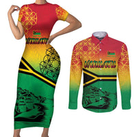 Hapi 45th Indipendens Dei Vanuatu Couples Matching Short Sleeve Bodycon Dress and Long Sleeve Button Shirt Yumi 1980 with Vanuatuan Beach Landscape LT9 Red - Polynesian Pride