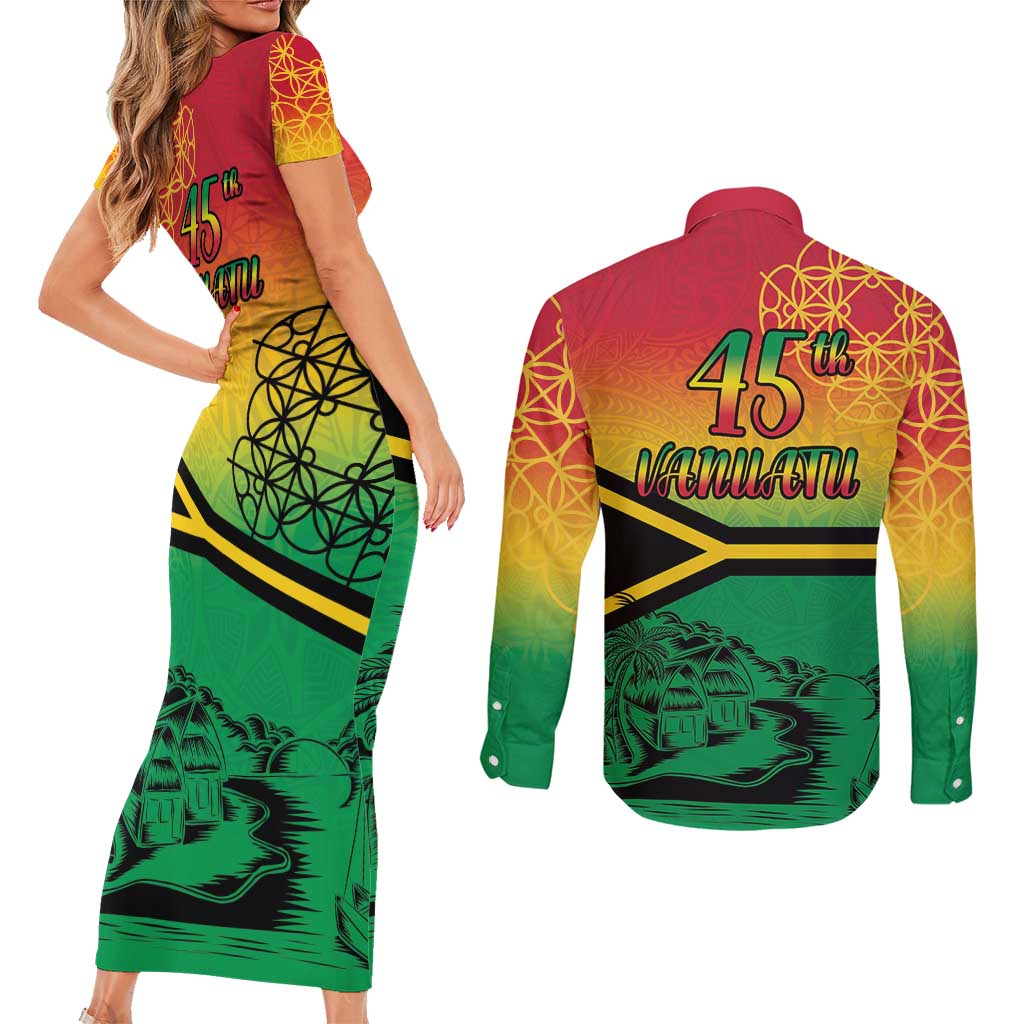 Hapi 45th Indipendens Dei Vanuatu Couples Matching Short Sleeve Bodycon Dress and Long Sleeve Button Shirt Yumi 1980 with Vanuatuan Beach Landscape LT9 - Polynesian Pride