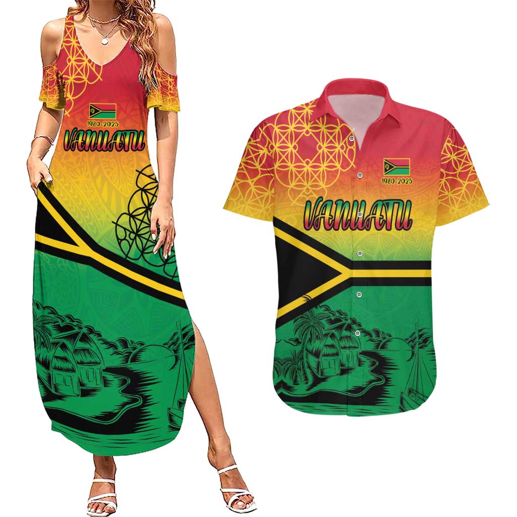 Hapi 45th Indipendens Dei Vanuatu Couples Matching Summer Maxi Dress and Hawaiian Shirt Yumi 1980 with Vanuatuan Beach Landscape LT9 Red - Polynesian Pride