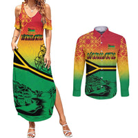Hapi 45th Indipendens Dei Vanuatu Couples Matching Summer Maxi Dress and Long Sleeve Button Shirt Yumi 1980 with Vanuatuan Beach Landscape LT9 Red - Polynesian Pride