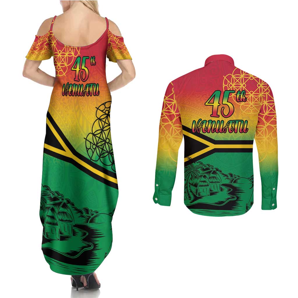 Hapi 45th Indipendens Dei Vanuatu Couples Matching Summer Maxi Dress and Long Sleeve Button Shirt Yumi 1980 with Vanuatuan Beach Landscape LT9 - Polynesian Pride