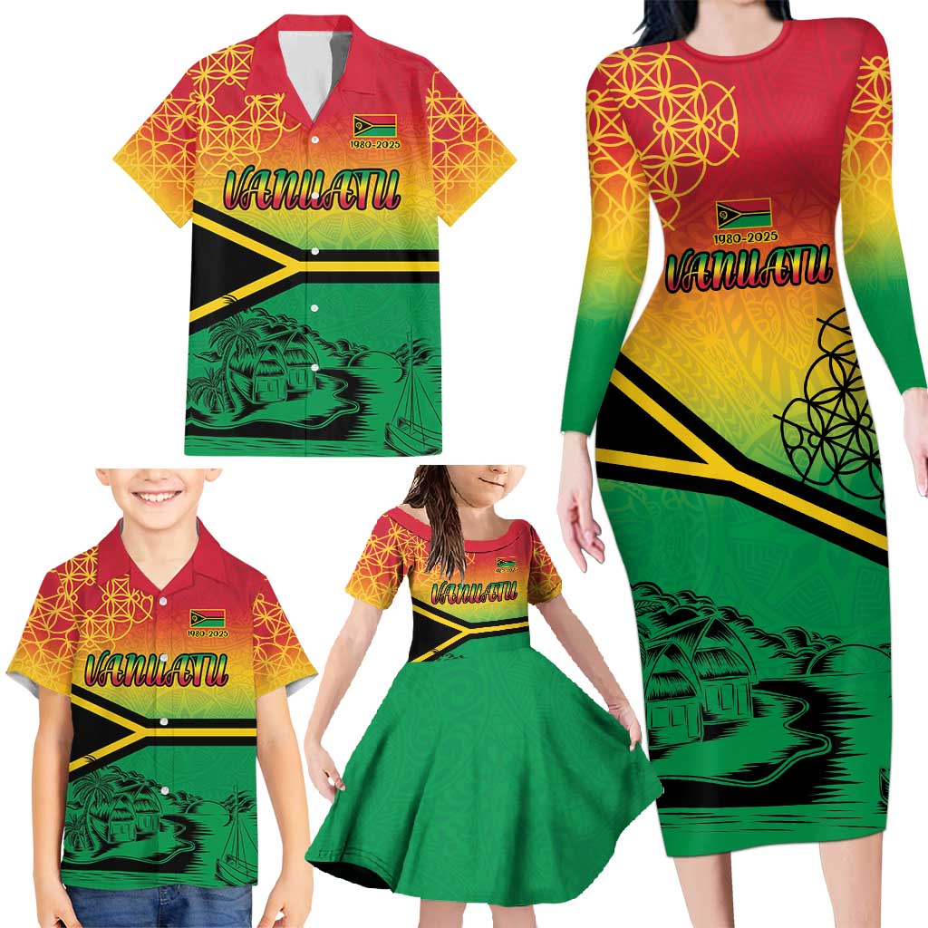Hapi 45th Indipendens Dei Vanuatu Family Matching Long Sleeve Bodycon Dress and Hawaiian Shirt Yumi 1980 with Vanuatuan Beach Landscape LT9 - Polynesian Pride