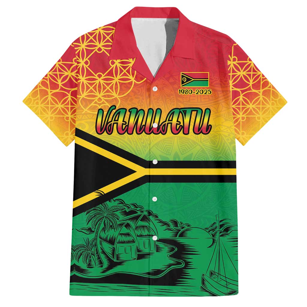 Hapi 45th Indipendens Dei Vanuatu Family Matching Long Sleeve Bodycon Dress and Hawaiian Shirt Yumi 1980 with Vanuatuan Beach Landscape LT9 Dad's Shirt - Short Sleeve Red - Polynesian Pride