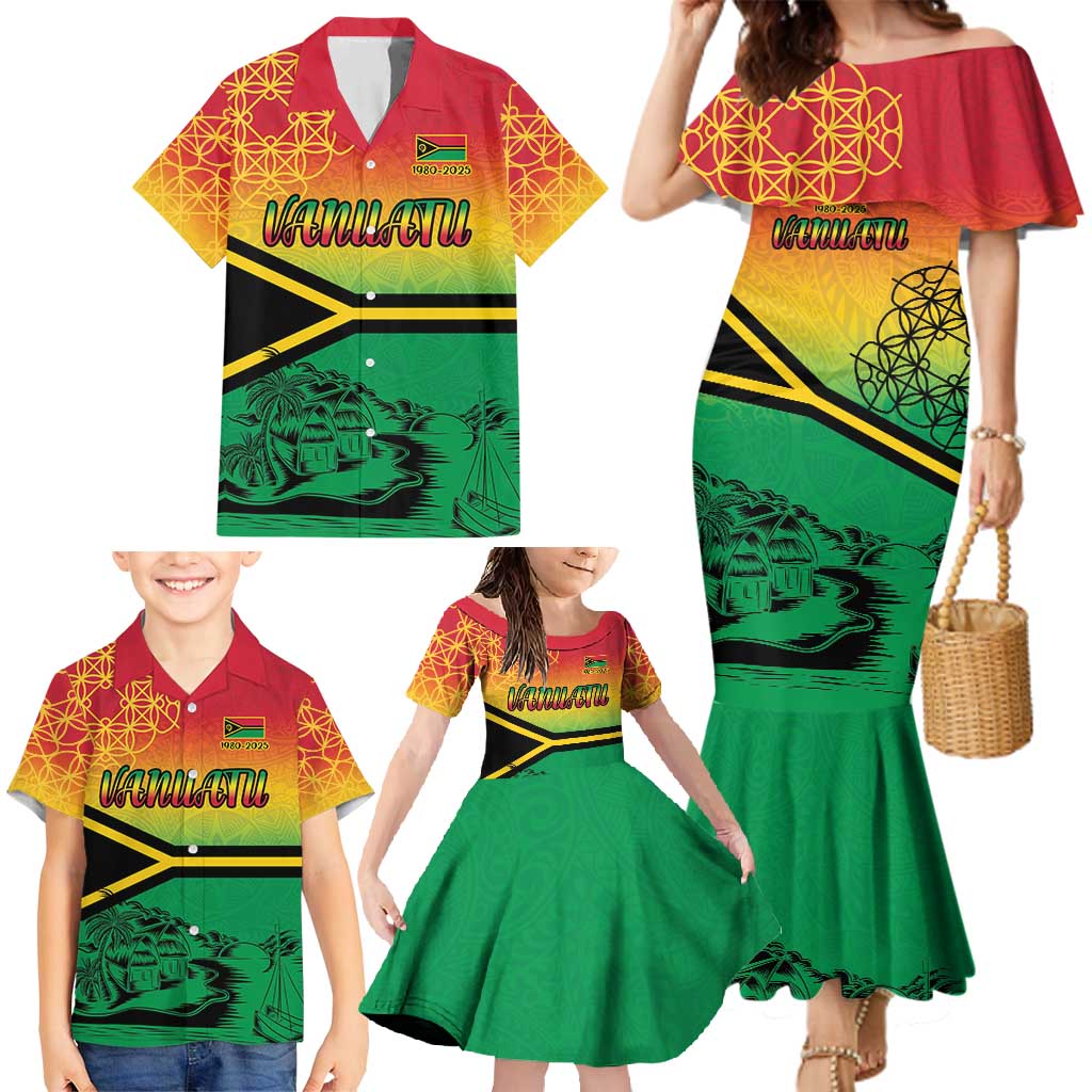 Hapi 45th Indipendens Dei Vanuatu Family Matching Mermaid Dress and Hawaiian Shirt Yumi 1980 with Vanuatuan Beach Landscape