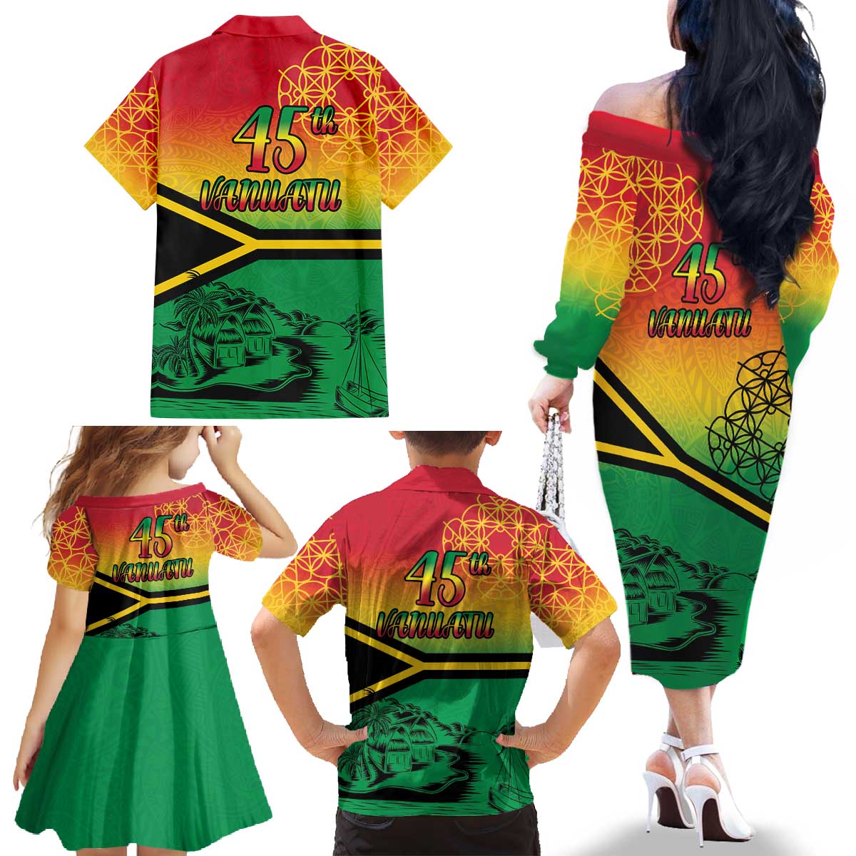 Hapi 45th Indipendens Dei Vanuatu Family Matching Off The Shoulder Long Sleeve Dress and Hawaiian Shirt Yumi 1980 with Vanuatuan Beach Landscape LT9 - Polynesian Pride
