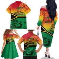 Hapi 45th Indipendens Dei Vanuatu Family Matching Off The Shoulder Long Sleeve Dress and Hawaiian Shirt Yumi 1980 with Vanuatuan Beach Landscape LT9 - Polynesian Pride