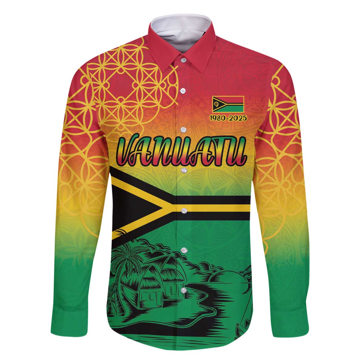 Hapi 45th Indipendens Dei Vanuatu Family Matching Off The Shoulder Long Sleeve Dress and Hawaiian Shirt Yumi 1980 with Vanuatuan Beach Landscape LT9 Dad's Shirt - Long Sleeve Red - Polynesian Pride