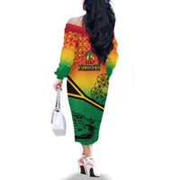 Hapi 45th Indipendens Dei Vanuatu Family Matching Off The Shoulder Long Sleeve Dress and Hawaiian Shirt Yumi 1980 with Vanuatuan Beach Landscape LT9 - Polynesian Pride