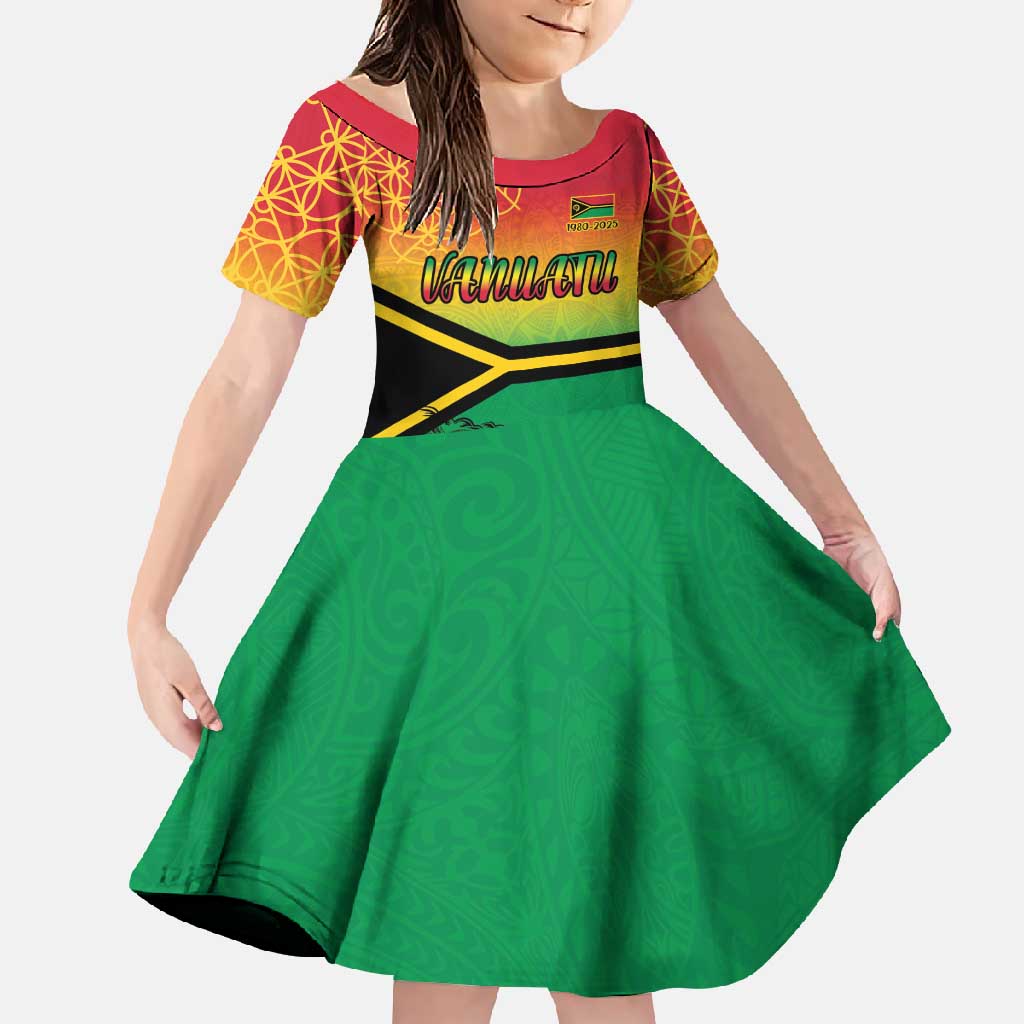 Hapi 45th Indipendens Dei Vanuatu Family Matching Off Shoulder Maxi Dress and Hawaiian Shirt Yumi 1980 with Vanuatuan Beach Landscape LT9 Daughter's Dress Red - Polynesian Pride