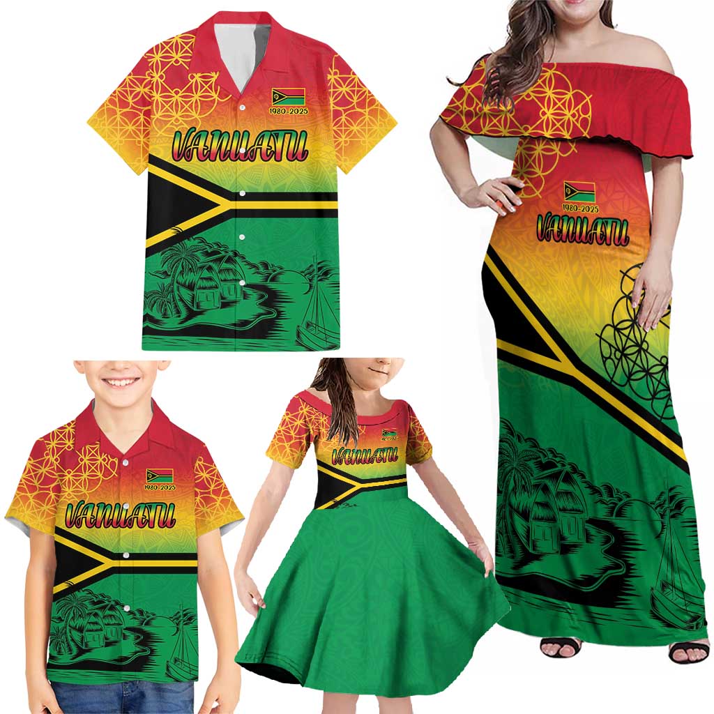 Hapi 45th Indipendens Dei Vanuatu Family Matching Off Shoulder Maxi Dress and Hawaiian Shirt Yumi 1980 with Vanuatuan Beach Landscape LT9 - Polynesian Pride