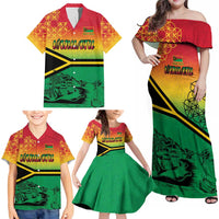 Hapi 45th Indipendens Dei Vanuatu Family Matching Off Shoulder Maxi Dress and Hawaiian Shirt Yumi 1980 with Vanuatuan Beach Landscape LT9 - Polynesian Pride