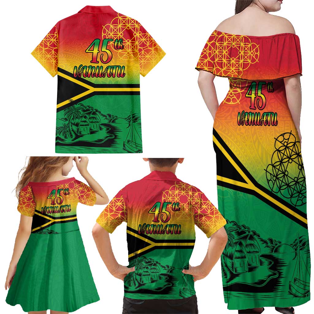 Hapi 45th Indipendens Dei Vanuatu Family Matching Off Shoulder Maxi Dress and Hawaiian Shirt Yumi 1980 with Vanuatuan Beach Landscape LT9 - Polynesian Pride