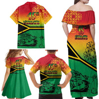 Hapi 45th Indipendens Dei Vanuatu Family Matching Off Shoulder Maxi Dress and Hawaiian Shirt Yumi 1980 with Vanuatuan Beach Landscape LT9 - Polynesian Pride