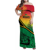 Hapi 45th Indipendens Dei Vanuatu Family Matching Off Shoulder Maxi Dress and Hawaiian Shirt Yumi 1980 with Vanuatuan Beach Landscape LT9 Mom's Dress Red - Polynesian Pride