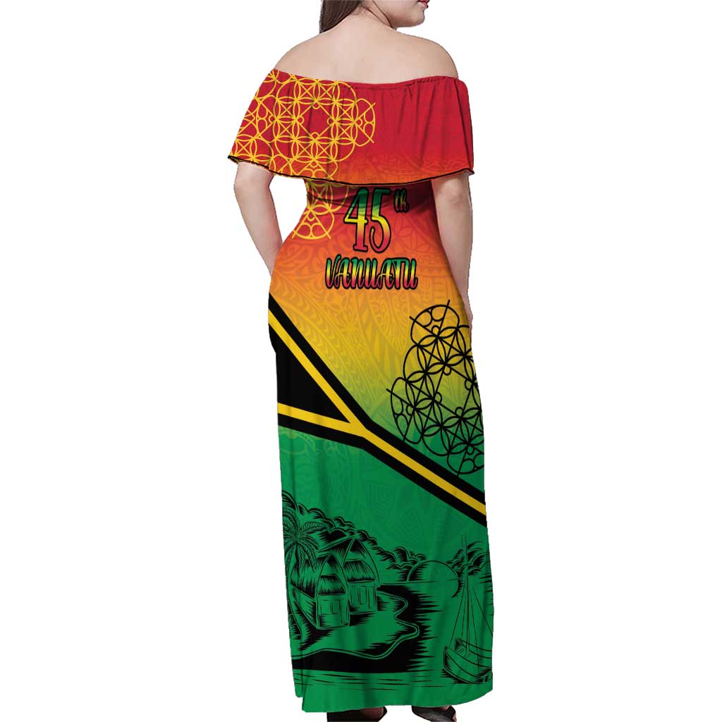 Hapi 45th Indipendens Dei Vanuatu Family Matching Off Shoulder Maxi Dress and Hawaiian Shirt Yumi 1980 with Vanuatuan Beach Landscape LT9 - Polynesian Pride
