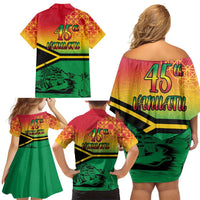 Hapi 45th Indipendens Dei Vanuatu Family Matching Off Shoulder Short Dress and Hawaiian Shirt Yumi 1980 with Vanuatuan Beach Landscape LT9 - Polynesian Pride