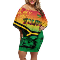 Hapi 45th Indipendens Dei Vanuatu Family Matching Off Shoulder Short Dress and Hawaiian Shirt Yumi 1980 with Vanuatuan Beach Landscape LT9 Mom's Dress Red - Polynesian Pride