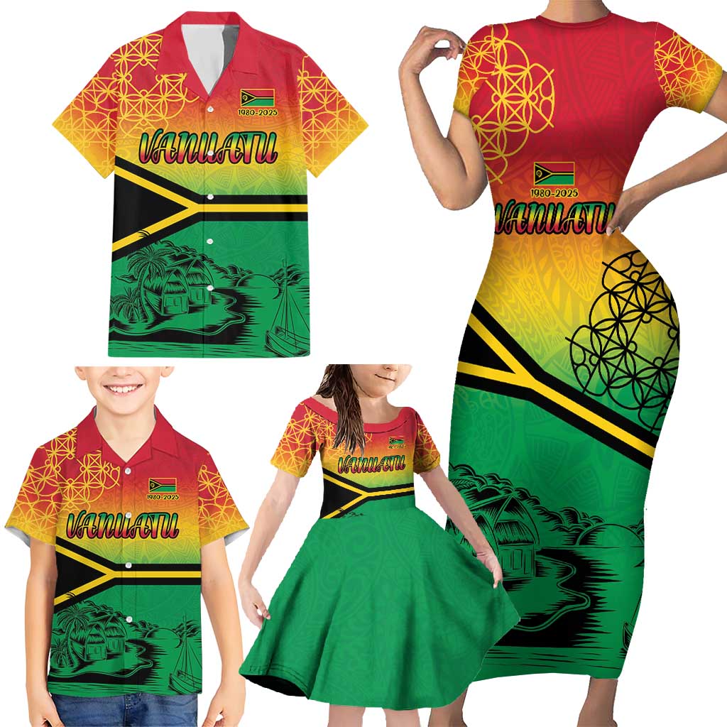 Hapi 45th Indipendens Dei Vanuatu Family Matching Short Sleeve Bodycon Dress and Hawaiian Shirt Yumi 1980 with Vanuatuan Beach Landscape LT9 - Polynesian Pride
