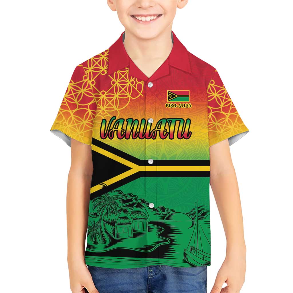 Hapi 45th Indipendens Dei Vanuatu Family Matching Short Sleeve Bodycon Dress and Hawaiian Shirt Yumi 1980 with Vanuatuan Beach Landscape LT9 Son's Shirt Red - Polynesian Pride