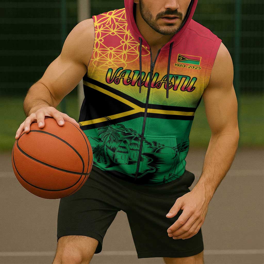 Hapi 45th Indipendens Dei Vanuatu Sleeveless Zip Hoodie Yumi 1980 with Vanuatuan Beach Landscape - Polynesian Pride