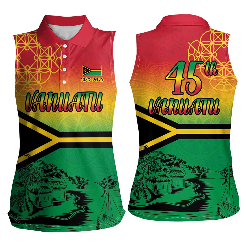 Hapi 45th Indipendens Dei Vanuatu Women Sleeveless Polo Shirt Yumi 1980 with Vanuatuan Beach Landscape LT9 - Polynesian Pride