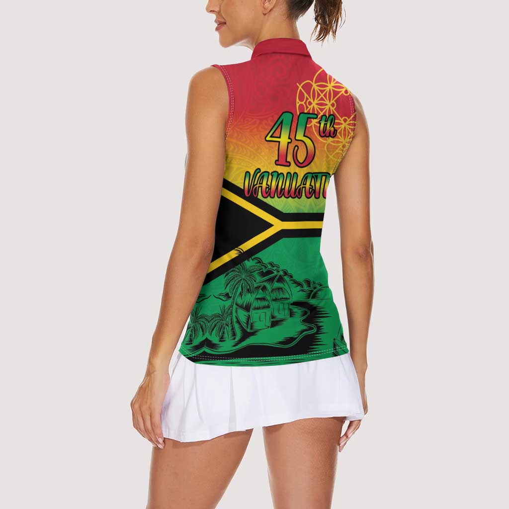Hapi 45th Indipendens Dei Vanuatu Women Sleeveless Polo Shirt Yumi 1980 with Vanuatuan Beach Landscape LT9 - Polynesian Pride