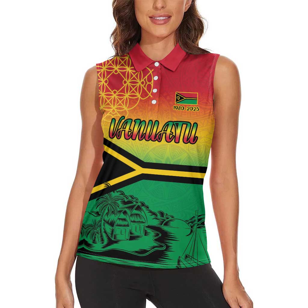 Hapi 45th Indipendens Dei Vanuatu Women Sleeveless Polo Shirt Yumi 1980 with Vanuatuan Beach Landscape LT9 - Polynesian Pride