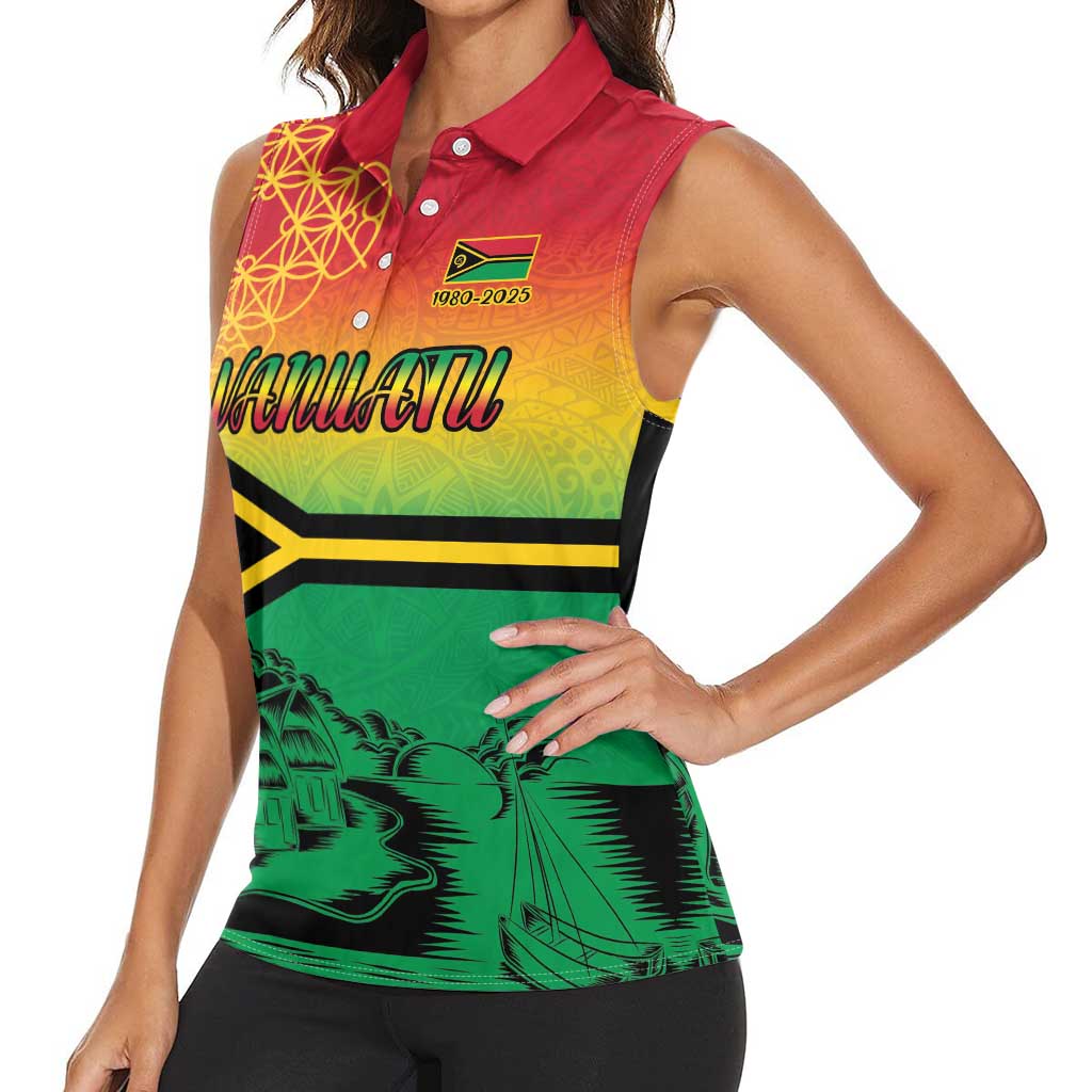 Hapi 45th Indipendens Dei Vanuatu Women Sleeveless Polo Shirt Yumi 1980 with Vanuatuan Beach Landscape LT9 - Polynesian Pride