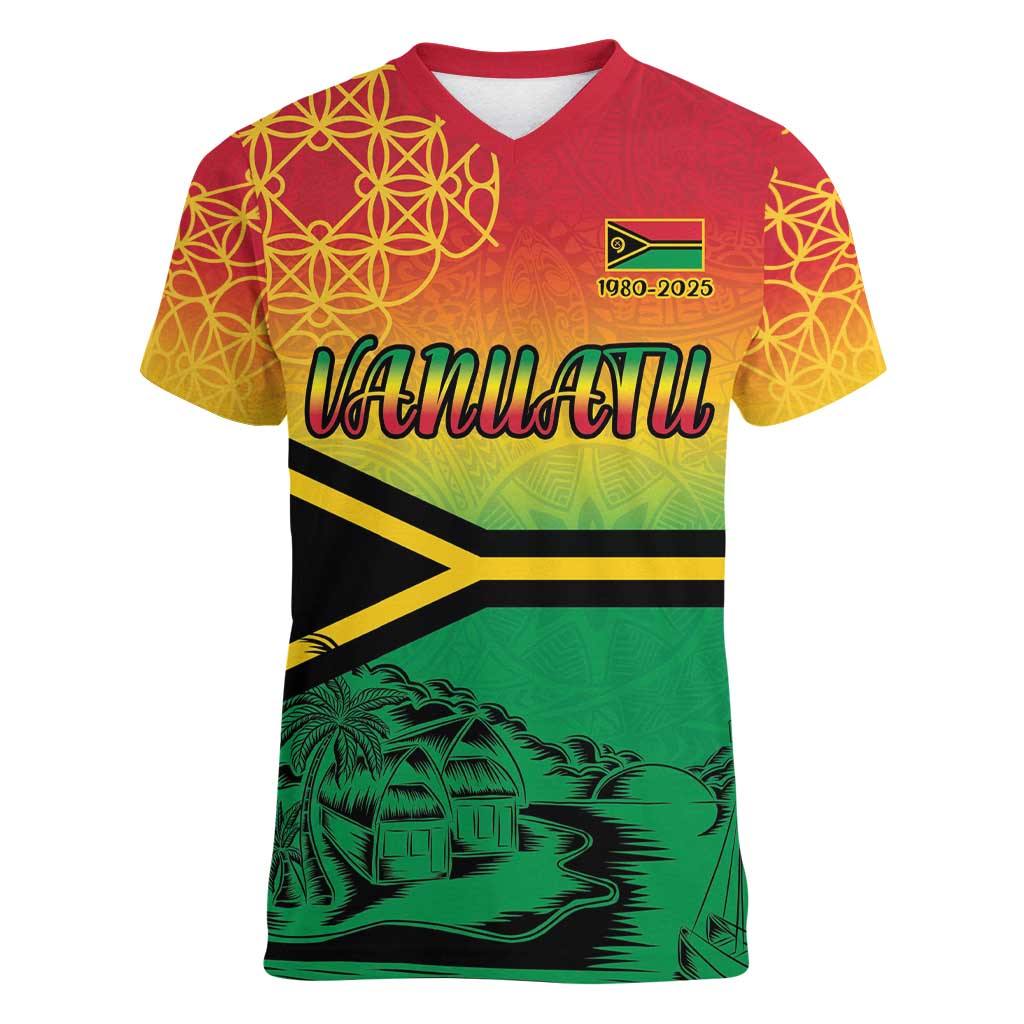 Hapi 45th Indipendens Dei Vanuatu Women V-Neck T-Shirt Yumi 1980 with Vanuatuan Beach Landscape LT9 Female Red - Polynesian Pride