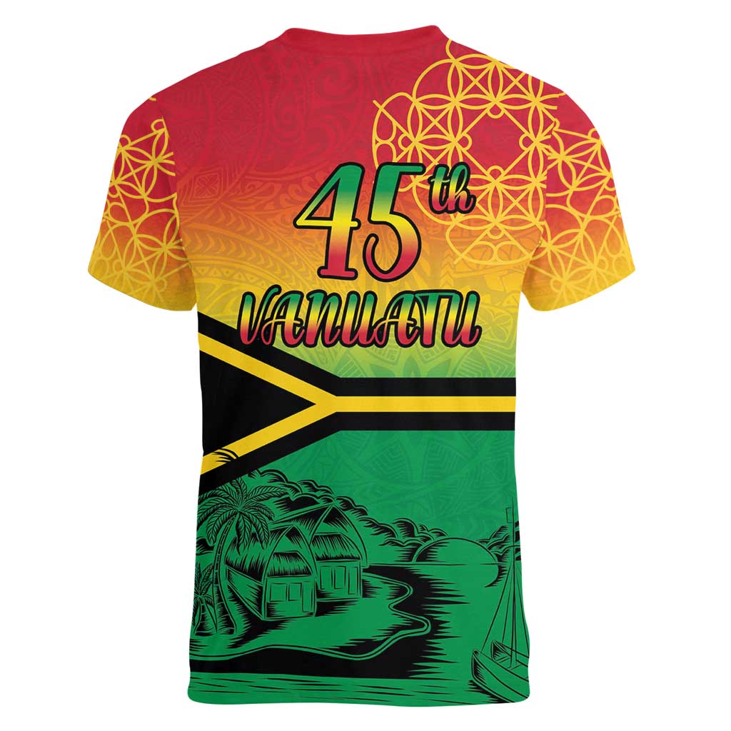 Hapi 45th Indipendens Dei Vanuatu Women V-Neck T-Shirt Yumi 1980 with Vanuatuan Beach Landscape LT9 - Polynesian Pride