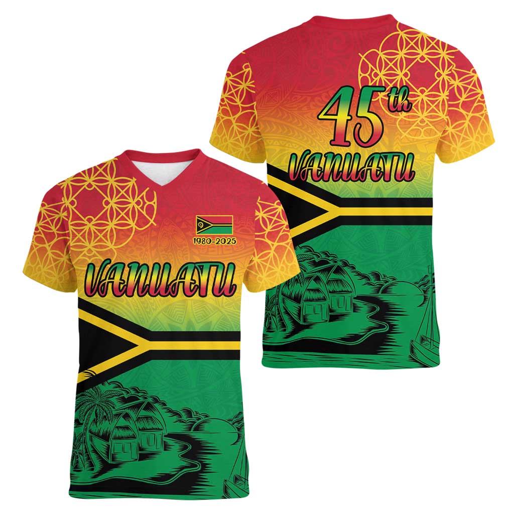 Hapi 45th Indipendens Dei Vanuatu Women V-Neck T-Shirt Yumi 1980 with Vanuatuan Beach Landscape LT9 - Polynesian Pride