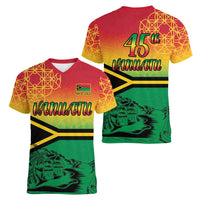 Hapi 45th Indipendens Dei Vanuatu Women V-Neck T-Shirt Yumi 1980 with Vanuatuan Beach Landscape LT9 - Polynesian Pride