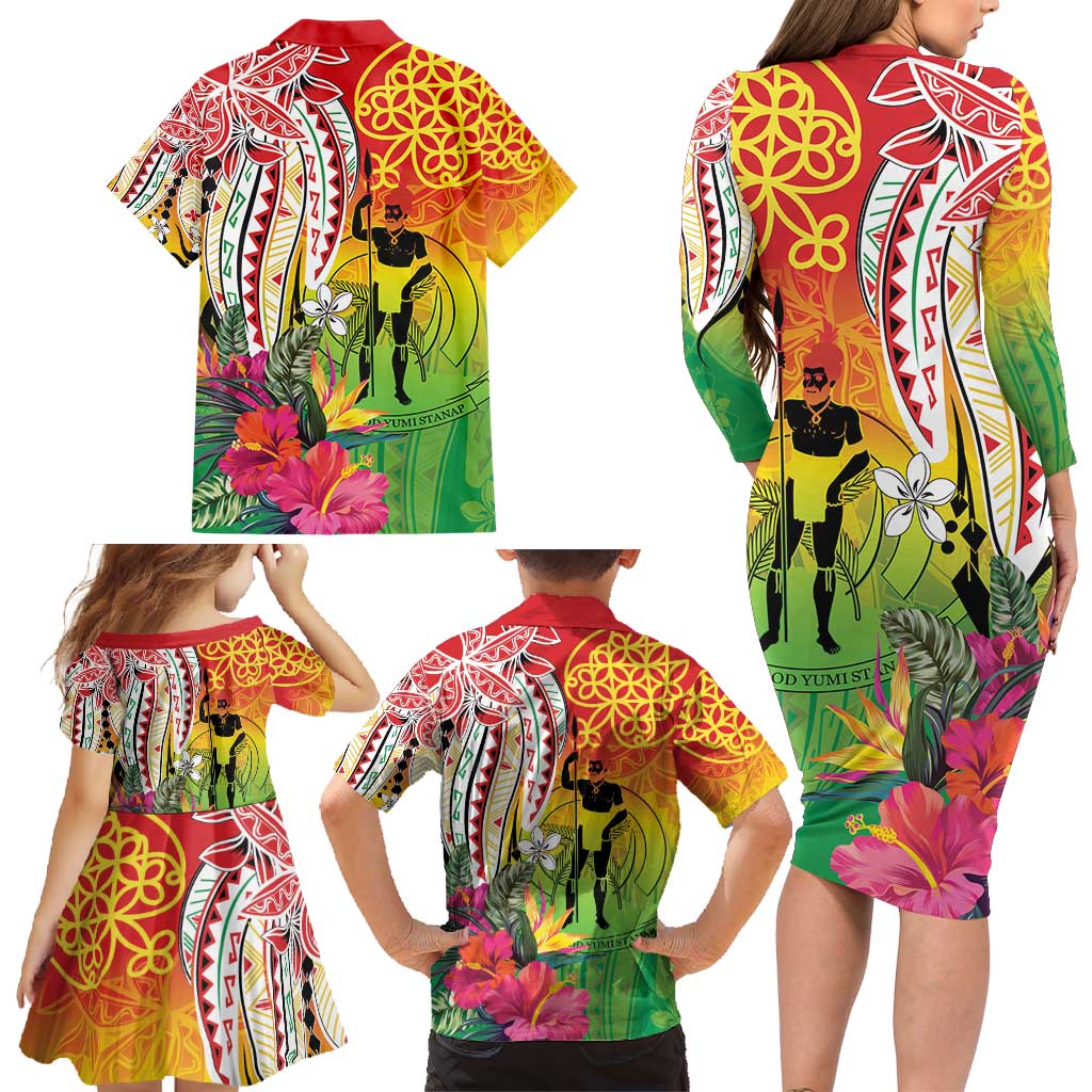 Vanuatu 45th Anniversary Family Matching Long Sleeve Bodycon Dress and Hawaiian Shirt Polynesian with Sand Drawing Pattern LT9 - Polynesian Pride